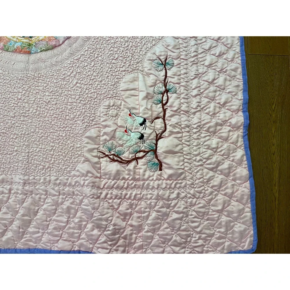 Vintage Asian Satin Wedding Quilt Pink Crane Embroidery Bedspread 80x80 Handmade